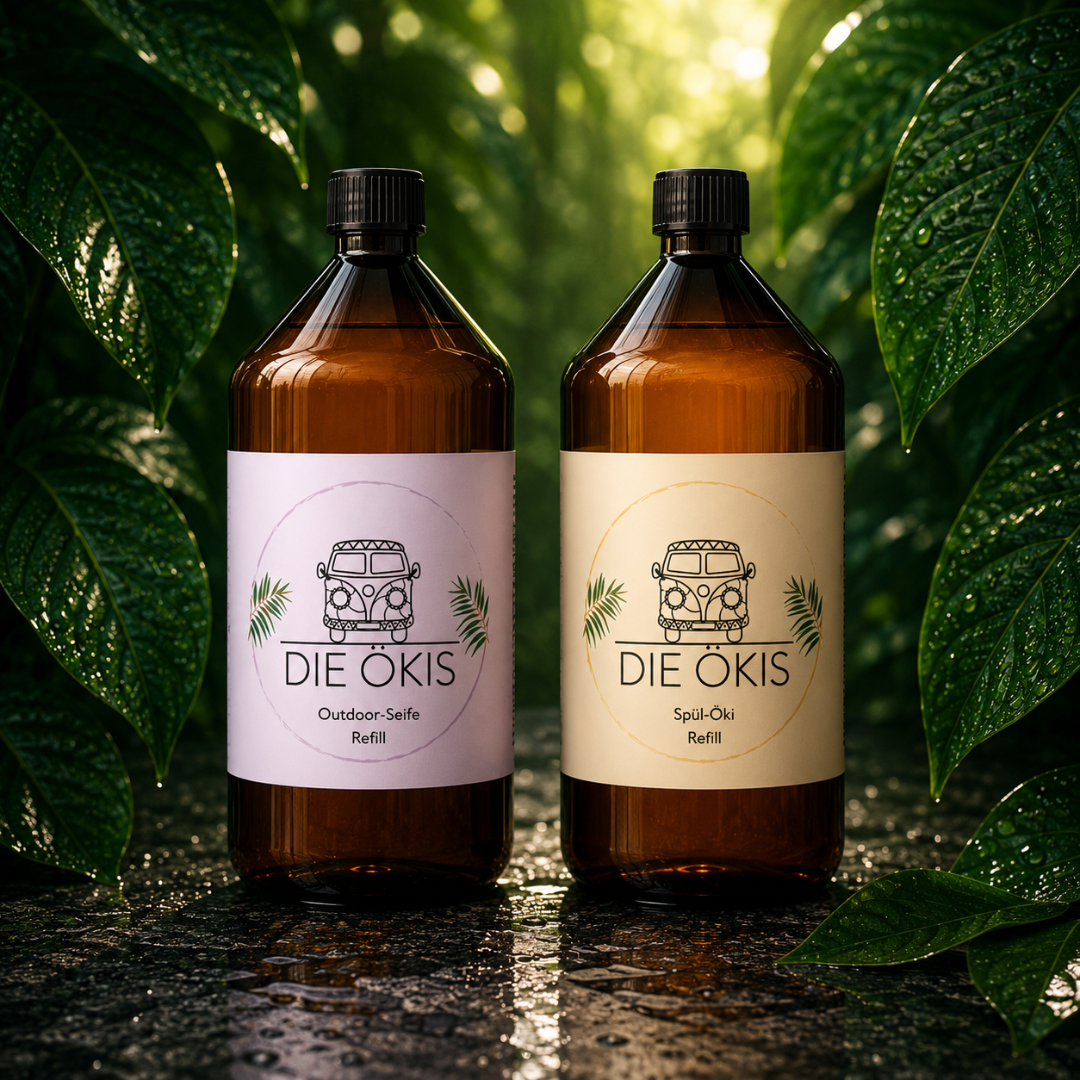 Biologisch abbaubare Seife Lavendel & Minze. Biologisch abbaubares Spülmittel frische Orange. In 1 Liter Flaschen zum Befüllen von kleinen Einzelfalschen.